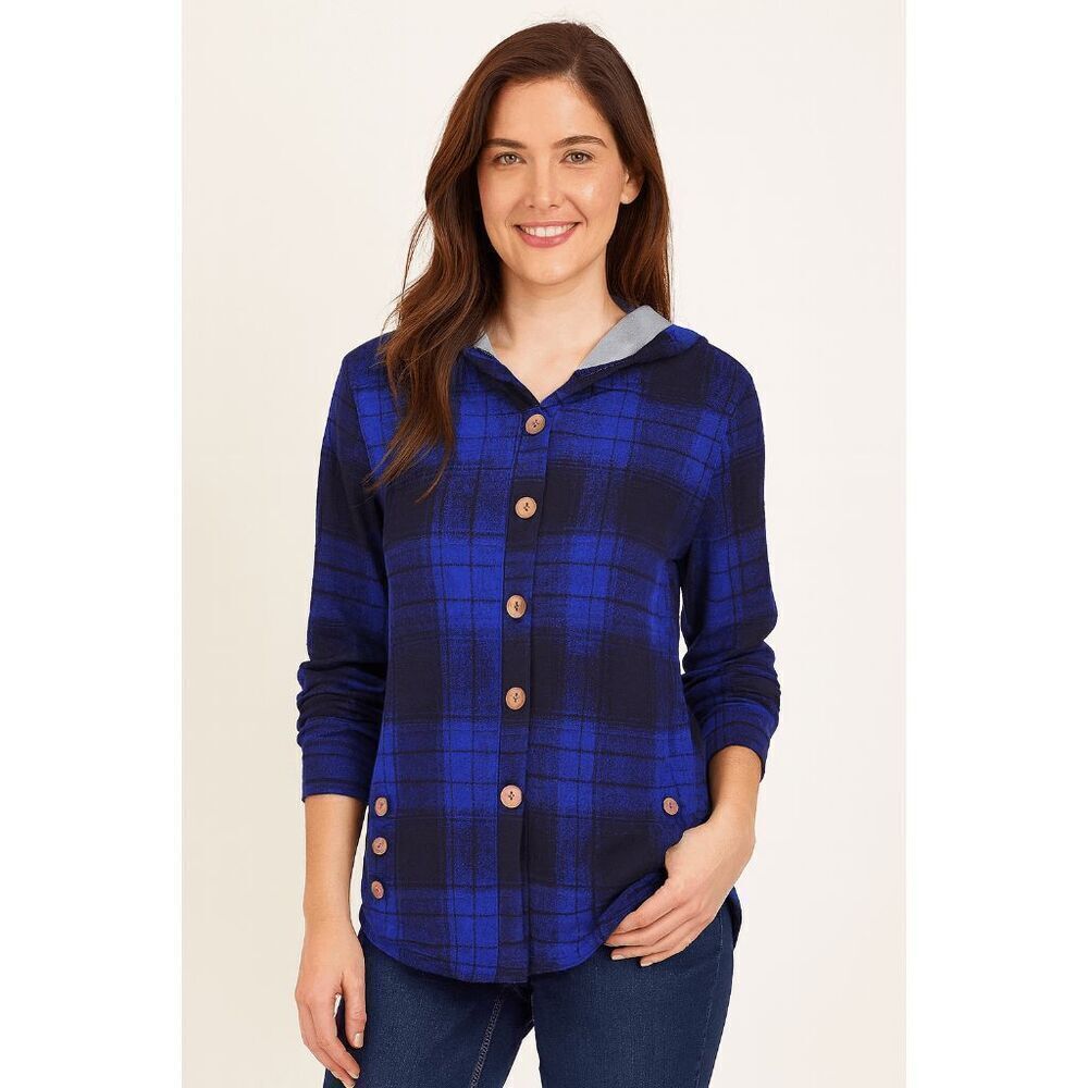 Plaid Knit Button-Accent Hooded button-down shirt M